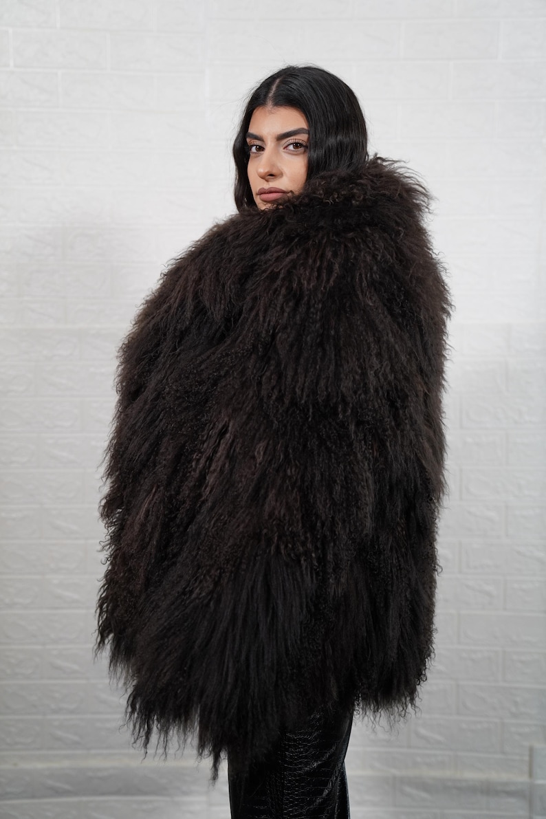Folded Dark Brown Mongolian Sheepskin Fluffy Jacket Coat Full Skin Handmade Velvet Lining