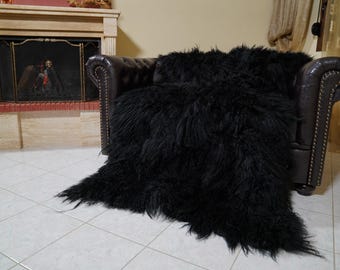 Mongolian sheepskin throw blanket black fluffy wool luxury sofa accent gift