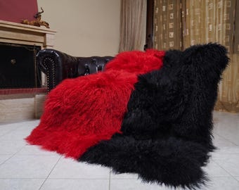 Mongolian sheepskin throw blanket red black two tone fluffy wool luxury sofa accent