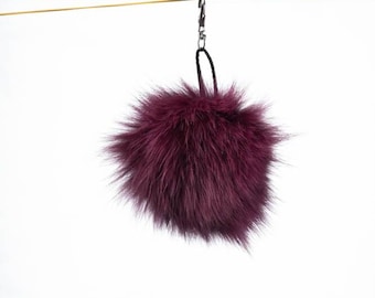 Fuchsia Real Fox Fur Pom Pom Keychain - Handmade Fur Ball Keyrings For Car or House Keys & Bags | Women Accessories For Birthdays Gift