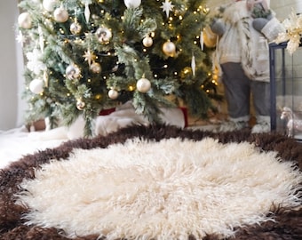 Mongolian sheepskin christmas tree skirt brown cream fluffy luxury holiday decor