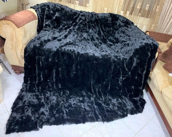 Real Rabbit Fur Blanket Throw Black • Personalized Handmade Fur Sofa Cover n Bedspread • Vintage Rabbit fur Throw Blanket