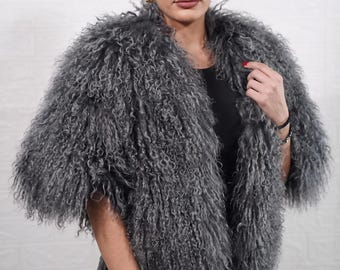 Mongolian sheepskin etol collar gray fluffy wool dramatic shoulder wrap winter wome