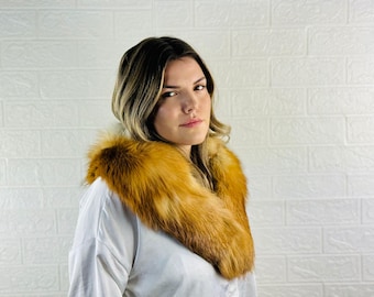 Elegant red soft fox fur collar scarf, detachable fluffy fur wrap, luxury warm fur stole
