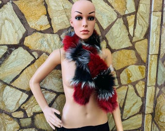 GORGEOUS Real Fox Fur Scarf Red Black Silver – Cozy Winter Wrap – Luxurious, Sustainable Fashion Statement