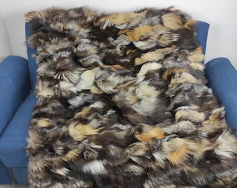 Fox fur real throw blanket with natural cross  pattern, elegant bedspread & fox fur rug for living room and bedroom decor