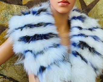 Fox fur collar scarf white with blue detailing detachable fur stole luxurious fur wrap and shawl perfect gift for her