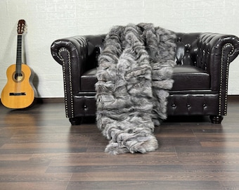 Real DOUBLE SIDED Fur Blanket Gray • Personalized Fox Fur Blanket Throw • Handmade Genuine Fur Blanket • Fur Bedspread n Sofa Cover