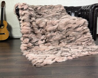 Unique fox fur throw blanket in pink with black detailing, luxurious bedspread & fox fur rug for living room and bedroom style housewarming