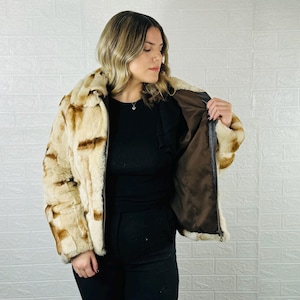 Unique  Rex Rabbit Fur Jacket with Collar One Size Large on Sale - Luxurious Winter Coat - Handcrafted Elegant Outerwear