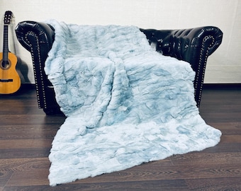 Real Rabbit Fur Blanket Throw Light Blue • Personalized Handmade Fur Sofa Cover n Bedspread • Vintage Rabbit fur Throw Blanket