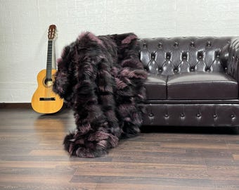 EXCLUSIVE Real FOX FUR Throw Blanket Black Purple • Large Area Rug  • Genuine Fur Rug  • Ethically Farmed Fox Fur  • Scandinavian Decor