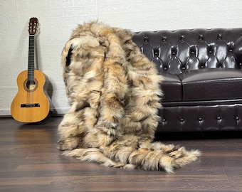 Luxurious DOUBLE SIDED Real FOX Fur Blanket Throw Beige - Personalized Handcrafted Warmth for Home Decor - Organically Farmed Fox Fur