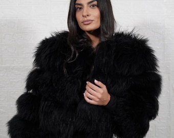 Alpaca fur jacket black cropped bomber style leather lines luxury handmade