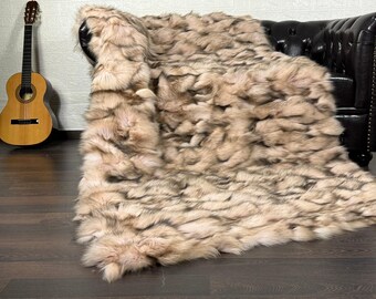 Real Pink Fur Blanket • Personalized Fox Fur Blanket Throw • Handmade Genuine Fur Blanket • Fur Bedspread n Sofa Cover