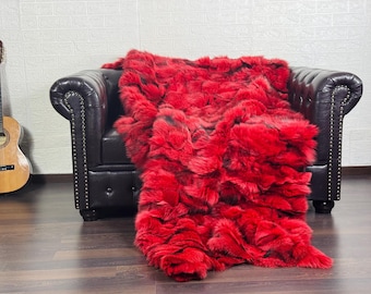 Luxurious  Real FOX FUR Throw Blanket Red with Black  • Large Area Rug  • Genuine Fur Rug  • Ethically Farmed Fox Fur  • Scandinavian Decor