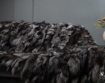 SILVER DOUBLE SIDED Real Fox Fur Blanket Throw • Personalized Soft Fox Blanket  • Ethically and Organic Farmed Fox Fur