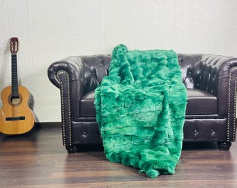 Luxurious Rex Rabbit Fur Blanket Throw Green •  Personalized  Handmade Fur Sofa Cover n Bedspread • Vintage Rabbit fur Throw Blanket