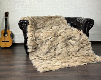Real Beige Fur Blanket • Personalized Fox Fur Blanket Throw • Handmade Genuine Fur Blanket • Fur Bedspread n Sofa Cover