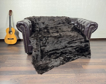 Real Rabbit Fur Blanket Throw Brown • Personalized Handmade Fur Sofa Cover n Bedspread • Vintage Rabbit fur Throw Blanket