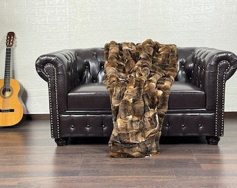 Real DOUBLE SIDED Rabbit Fur Blanket Throw Orilax • Handmade Fur Sofa Cover n Bedspread • Vintage Rabbit fur Throw Blanket