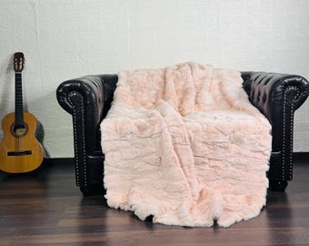Luxurious Rex Rabbit Fur Blanket Throw Baby Pink •  Personalized  Handmade Fur Sofa Cover n Bedspread • Vintage Rabbit fur Throw Blanket