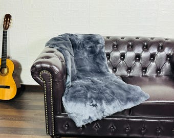Real Rex Rabbit Grey Full Skin Fur Blanket Throw • Personalized  Handmade Fur Sofa Cover n Bedspread • Vintage Rabbit fur Throw Blanket