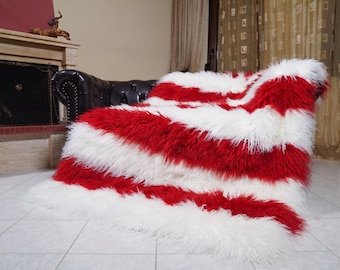 Mongolian sheepskin christmas throw blanket red white stripes fluffy holiday decor