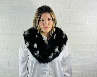 Black fox fur collar scarf with white detailing real fur stole luxurious fur wrap and shawl