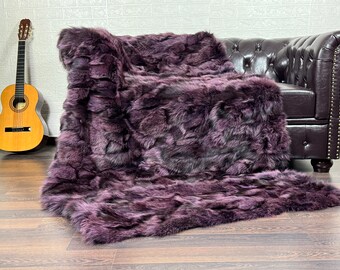 Luxurious Real FOX Fur Blanket Throw Black Purple- Personalized Handcrafted Warmth for Home Decor - Organically and Ethically Farmed Fox Fur