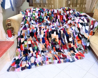 Real Rabbit Fur Blanket Throw Colorful  • Personalized  Handmade Fur Sofa Cover n Bedspread • Vintage Rabbit fur Throw Blanket