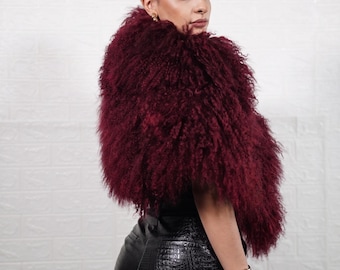Mongolian sheepskin etol collar red burgundy fluffy wool rich wine stole women winter