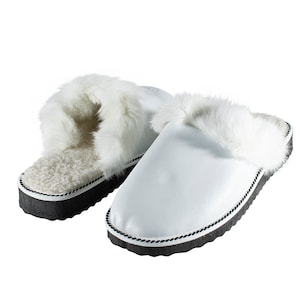 Fur Sheepskin Leather Slippers White for Women • Cozy Warm House Wool Slippers  •  Handmade genuine leather slippers