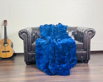 Luxurious Rex Rabbit Fur Blanket Throw Blue •  Personalized  Handmade Fur Sofa Cover n Bedspread • Vintage Rabbit fur Throw Blanket