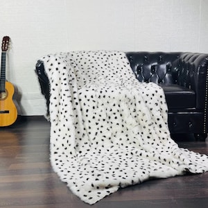 GORGEOUS Rabbit Fur Blanket Throw Dalmatian Print • Handmade Fur Sofa Cover n Bedspread • Vintage Rabbit fur Throw Blanket