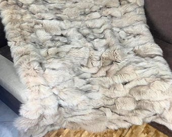 Real fox fur throw blanket in natural beige, luxurious bedspread & fox fur rug for living room and bedroom style