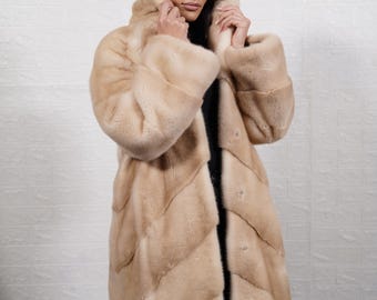 Beige Mink Fur Long Overcoat Full Skin with Collar Handmade Real Fur Women Luxury Winter Coat Premium Gift for Her
