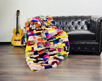 Luxurious DOUBLE SIDED Real Rex RABBIT Fur Blanket Throw Colorful - Personalized Handcrafted Warm for Home - Organically Farmed Rabbit Fur