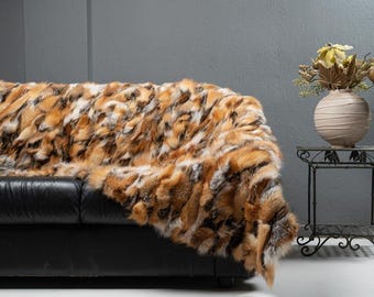 Real DOUBLE SIDED Fox Fur Throw • Personalized Genuine Fur Throw Rug • Housewarming Gift • Handmade Vintage Fur Throw for Living Room