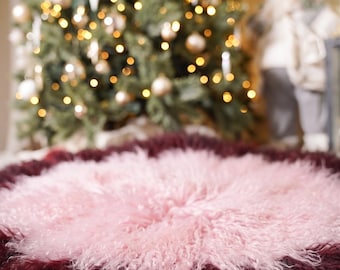 Mongolian sheepskin christmas tree skirt burgundy pink fluffy luxury holiday decor