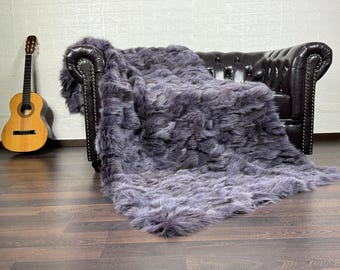 Luxurious DOUBLE SIDED Real FOX Fur Blanket Throw Purple - Personalized Handcrafted Warmth for Home Decor - Organically Farmed Fox Fur