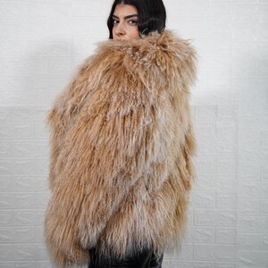 Folded Camel Mongolian Sheepskin Fluffy Jacket Coat Full Skin Handmade Velvet Lining