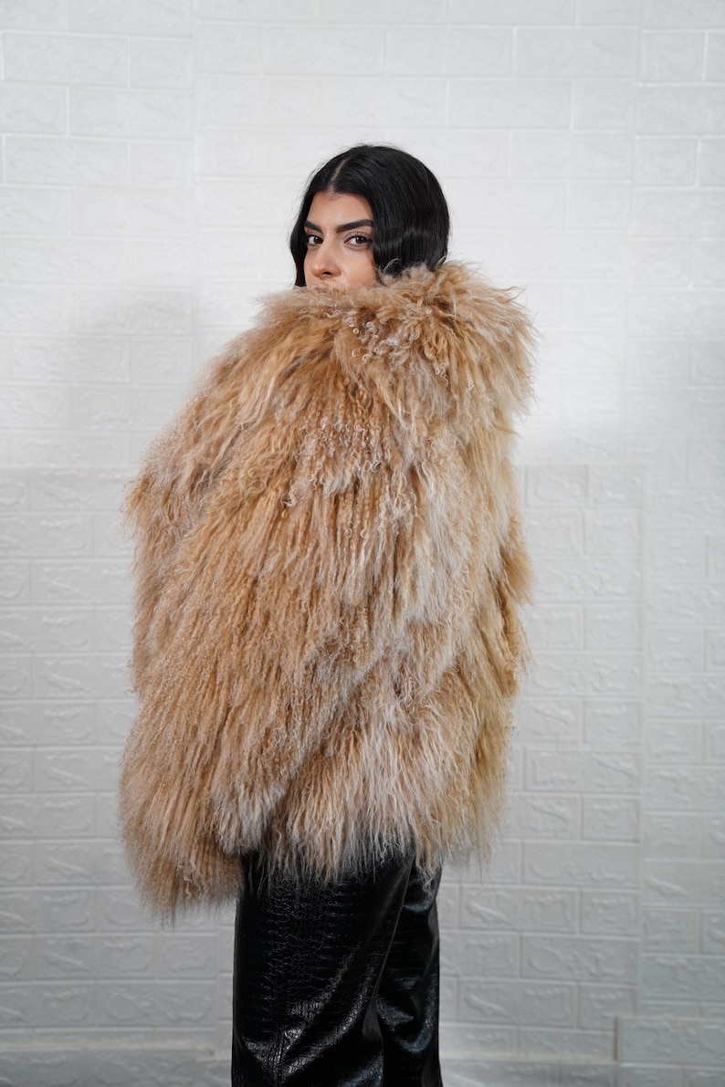 Folded Camel Mongolian Sheepskin Fluffy Jacket Coat Full Skin Handmade Velvet Lining