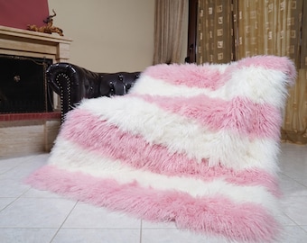 Mongolian sheepskin throw blanket pink white stripes fluffy wool luxury sofa accent