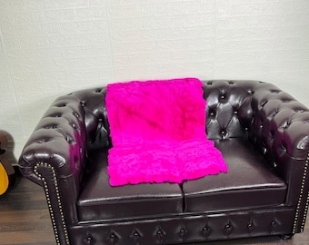Real DOUBLE SIDED Fuchsia Full Skin Rex Rabbit Fur Blanket Throw • Handmade Fur Sofa Cover n Bedspread • Vintage Rabbit fur Throw Blanket