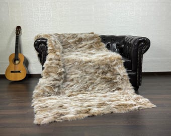 Luxurious DOUBLE SIDED Real FOX Fur Blanket Throw Beige- Personalized Handcrafted Warmth for Home Decor - Organically Farmed Fox Fur
