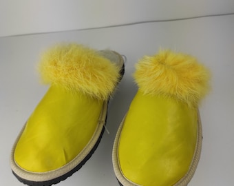Fur Sheepskin Leather Slippers Yellow for Women • Cozy Warm House Wool Slippers  •  Handmade genuine leather slippers