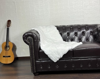 Real DOUBLE SIDED FULL Skin Rex Rabbit Pelt Fur Blanket Throw White • Personalized  Handmade Fur Sofa Cover n Bedspread • Vintage fur