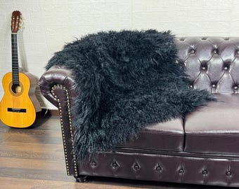 Real Black Sheepskin Mongolian Throw Blanket - Luxurious Fur Blanket for Home Decor