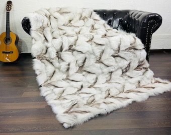 Fox fur half skin real throw blanket natural, luxurious bedspread & fox fur rug for living room and bed decor
